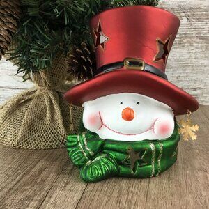 Snowman Tea Light Candle Holder with Star Cutouts and Dangling Snowflakes 6"